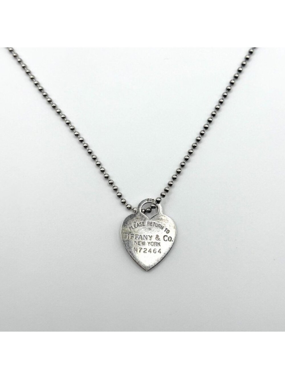 Tiffany & Co. 925 Sterling Silver Heart Tag Pendant Necklace Ball Chain
